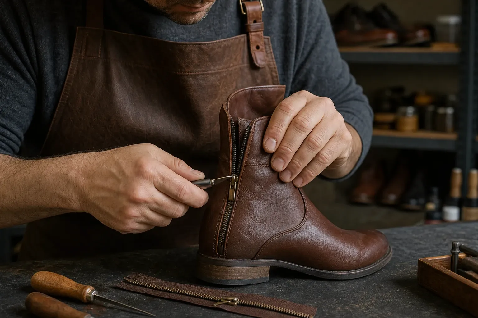 Bota com zíper danificado sendo consertada por um sapateiro, mostrando as ferramentas utilizadas.